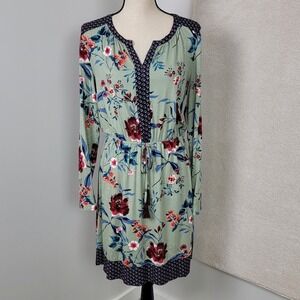 DR2 NEW Women's M  Silver Sage Floral Cottagecore Boho Tassel Waist Shift‎ Dress